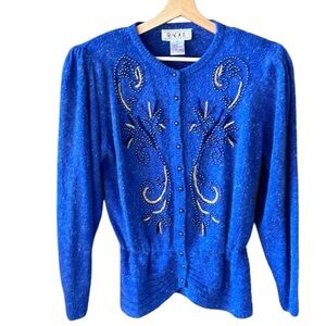 Raoul Vintage Sz L Periwinkle Blue Silk Angora Cardigan & Skirt Set Beaded